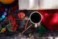 Autumn aesthetic still life: fruits, vegetables and bright paints with a cinnamon sticks, viburnum, flower petals and Royalty Free Stock Photo