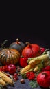 Autumn agricultural still life with fruits and vegetables. Harvest festival holiday concept. Vertical banner Royalty Free Stock Photo