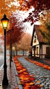 Autumn alley with lantern and maple leaves Royalty Free Stock Photo
