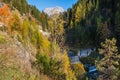 Autumn alpine Dolomites mountain view with small waterfall, Sudtirol, Italy Royalty Free Stock Photo