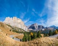 Autumn alpine Dolomites rocky mountain scene, Sudtirol, Italy. Peaceful view near Sella Pass