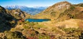 Autumn alpine Grosser Paarsee or Paarseen lake, Land Salzburg, Austria. Alps Hochkonig rocky mountain group view in far Royalty Free Stock Photo