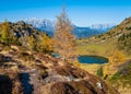 Autumn alpine Grosser Paarsee or Paarseen lake, Land Salzburg, Austria. Alps Hochkonig rocky mountain group view in far