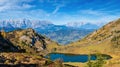 Autumn alpine Grosser Paarsee or Paarseen lake, Land Salzburg, Austria. Alps Hochkonig rocky mountain group view in far Royalty Free Stock Photo