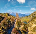 Autumn alpine Grosser Paarsee or Paarseen lake, Land Salzburg, Austria. Alps Hochkonig rocky mountain group view in far Royalty Free Stock Photo