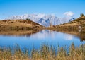 Autumn alpine Kleiner Paarsee or Paarseen lake, Land Salzburg, Austria. Alps Hochkonig rocky mountain group view in far