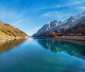 Autumn alpine mountain Lake and Pass, Trentino, Dolomites Alps, Italy Royalty Free Stock Photo