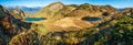 Autumn alpine Paarsee or Paarseen lakes, Land Salzburg, Austria. Alps Hochkonig rocky mountain group view in far