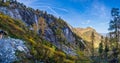 Autumn alpine waterfall view from mountain hiking path to Tappenkarsee, Kleinarl, Land Salzburg, Austria Royalty Free Stock Photo