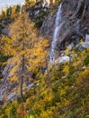 Autumn alpine waterfall view from mountain hiking path to Tappenkarsee, Kleinarl, Land Salzburg, Austria Royalty Free Stock Photo