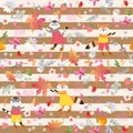 Autumn animal seamless pattern. Foxes, cats, flowers, strawberry, mushrooms and leaves on bronze and white striped background Royalty Free Stock Photo