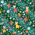 Autumn animal seamless pattern. Foxes, cats, flowers, strawberry, mushrooms and leaves on green polka dot background Royalty Free Stock Photo