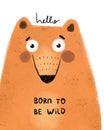 Born to be wild. cartoon fox, hand drawing lettering, decorative elements. colorful illustration for kids, flat style. Royalty Free Stock Photo