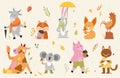 Autumn animals vector illustration set, cartoon hand drawn autumnal woodland collection with cute animal characters Royalty Free Stock Photo