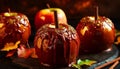 Autumn apple dessert, Halloween candy, sweet pumpkin indulgence, homemade gourmet generated by AI Royalty Free Stock Photo