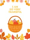 Autumn apple harvest. Pear and apples in basket, Thanksgiving day poster template. Fall holidays, rural market vector Royalty Free Stock Photo