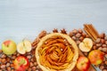 Autumn apple pie decorated with various ingredients - fresh sliced apples, hazelnuts, spices - anise, cinnamon. Thanksgiving tart Royalty Free Stock Photo