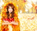 Autumn Apples, Fashion Woman Fruits Fall Leaves Clothes Royalty Free Stock Photo