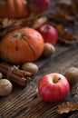 Autumn apples, pumpkin and cinnamon sticks Royalty Free Stock Photo