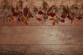 Autumn arrangement of colorful leaves, acorn, chestnut fruit on a wooden background with free space for text. Top view Royalty Free Stock Photo