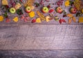 Autumn arrangement of leaves, apples and berries on a wooden background with free space for text. Top view, concept of Royalty Free Stock Photo