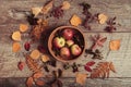 Autumn arrangement of leaves, apples and berries on a wooden background with free space for text. Top view, concept of Royalty Free Stock Photo