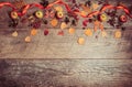 Autumn arrangement of leaves, apples and berries on a wooden background with free space for text. Top view, concept of Royalty Free Stock Photo