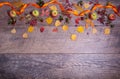 Autumn arrangement of leaves, apples and berries on a wooden background with free space for text. Top view, concept of Royalty Free Stock Photo