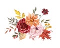 Fall floral bouquet. Watercolor hand-painted autumn flowers and tree leaves arrangement, isolated on white background