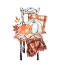 Autumn arrangement, watercolor painting. Pillow with buffalo plaid ornament, warm blanket, pumpkins on a birch chair. Cozy autumn