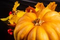 Autumn art composition - varied dried leaves, pumpkins, fruits, rowan berries on black background. Autumn, fall