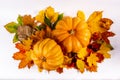 Autumn art composition - varied dried leaves, pumpkins, fruits, rowan berries on white background. Autumn, fall