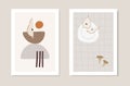 Autumn artistic greeting cards, invitations. Cut pears fruit on plate, mushrooms and abstract geometric shapes. Modern