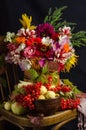 Autumn atmospheric still life with a colorful bouquet of garden flowers, red berries, apples, autumn leaves on a black background Royalty Free Stock Photo