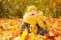 Autumn Baby on Fall Maple Leaves Outdoors