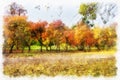 Autumn background beautiful colorful forest landscape nature park with trees in watercolor artistic style pattern. Royalty Free Stock Photo