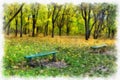 Autumn background beautiful colorful forest landscape nature park with trees in watercolor artistic style pattern.