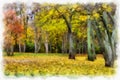 Autumn background beautiful colorful forest landscape nature park with trees in watercolor artistic style pattern. Royalty Free Stock Photo