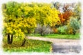 Autumn background beautiful colorful landscape nature park with trees in watercolor artistic style pattern. Royalty Free Stock Photo