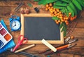 Autumn background, blackboard, rowan branch, school accessories Royalty Free Stock Photo