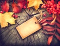 Autumn background with blank greeting card and colourful leaves Royalty Free Stock Photo