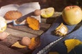 Autumn background with book, plaid, cookies, yellow leaves and apples