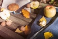 Autumn background with book, plaid, yellow leaves and apples