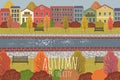 Autumn background. Cute flat vector illustration of city landscape with houses , river, benches and trees. Freehand Royalty Free Stock Photo