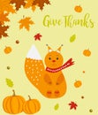 Autumn background with cute squirrel and Give Thanks text Royalty Free Stock Photo