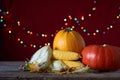 Autumn background on a dark wooden surface, pumpkins, corn, withered leaves, acorns and chestnuts, selective focus