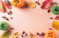 Autumn background decor from dry leaves and pumpkin on pastel paper background. Flat lay, top view with copy space for Autumn, Royalty Free Stock Photo