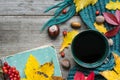 Autumn background with dry leaves, scarf, cup of coffee with spices and vintage book