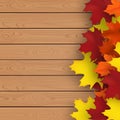 Autumn background with mapple leaves and wooden plank. Fall design vector illustration. Empty space for your text. Royalty Free Stock Photo