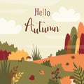 Autumn background. Fall landscape with field, yellow meadow, mushrooms, berries, calligraphic text. Rural area. Nature template. Royalty Free Stock Photo